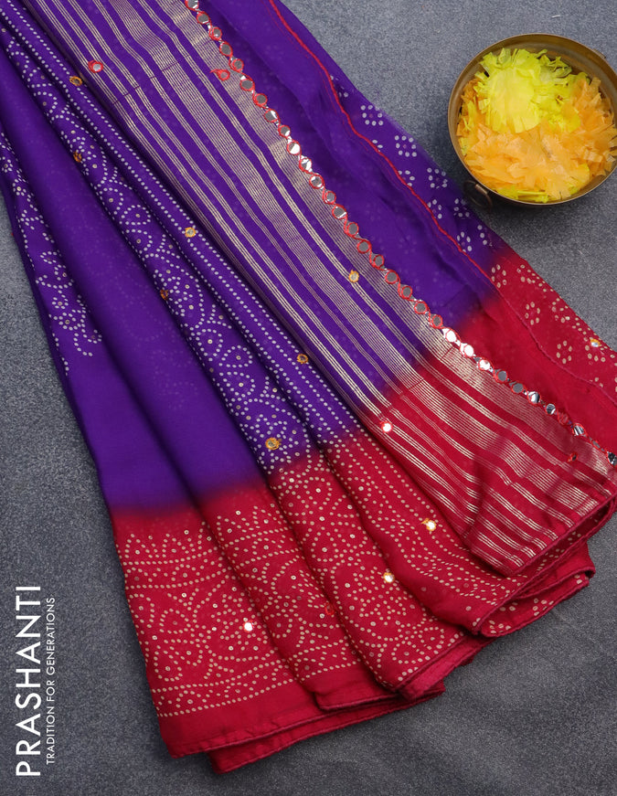 Semi georgette saree violet and dark pink with allover bandhani prints and mirror work printed border