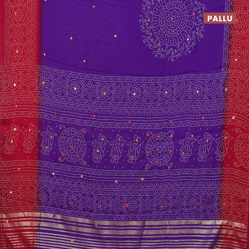 Semi georgette saree violet and dark pink with allover bandhani prints and mirror work printed border