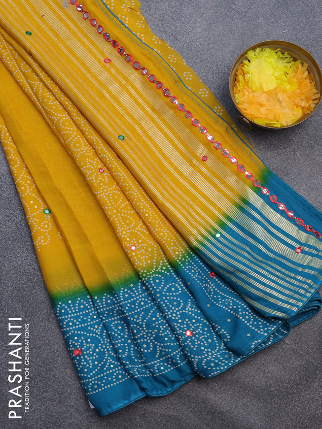 Semi georgette saree yellow and cs blue with allover bandhani prints and mirror work printed border