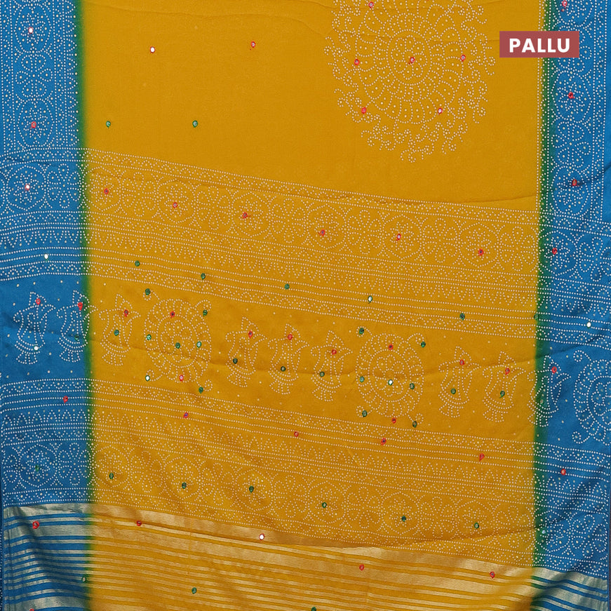 Semi georgette saree yellow and cs blue with allover bandhani prints and mirror work printed border