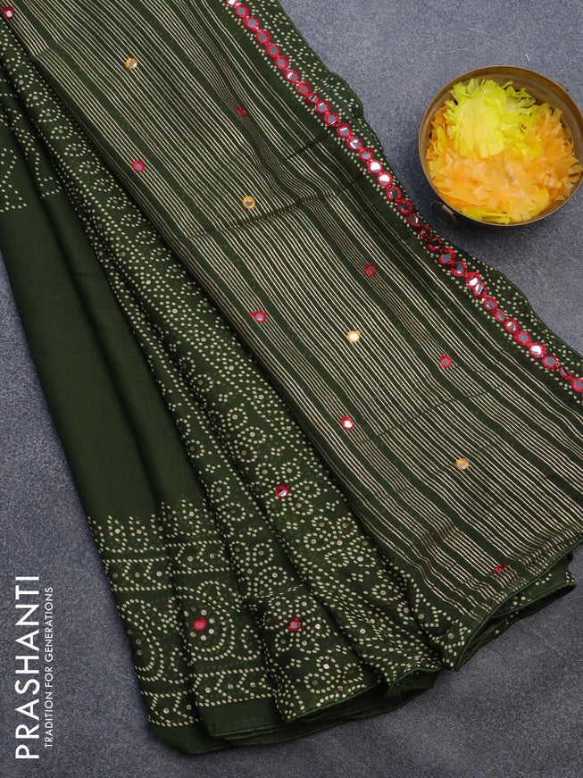 Semi georgette saree sap green with allover bandhani prints and mirror work printed border