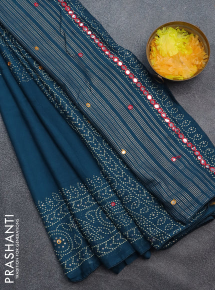 Semi georgette saree peacock blue with allover bandhani prints and mirror work printed border