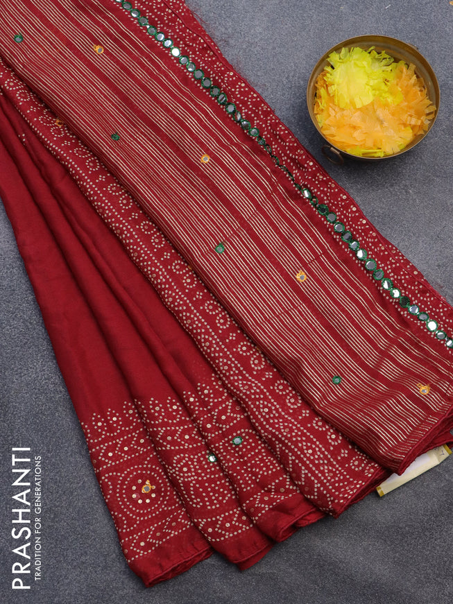 Semi georgette saree maroon with allover bandhani prints and mirror work printed border