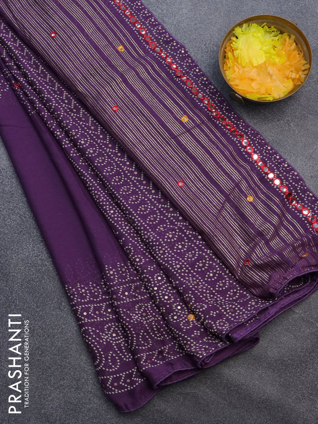 Semi georgette saree violet with allover bandhani prints and mirror work printed border