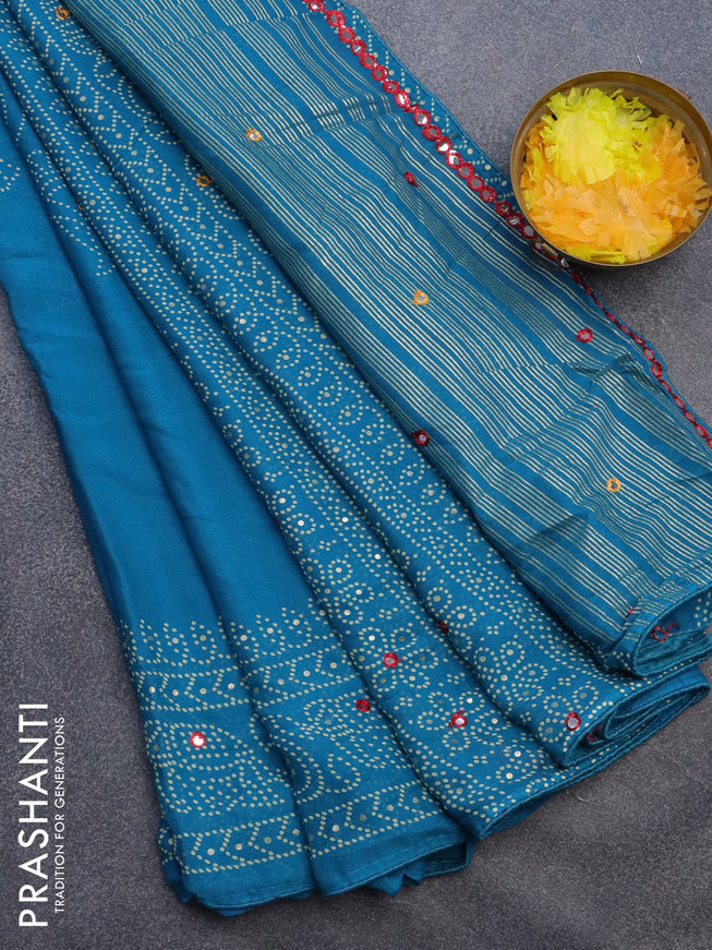 Semi georgette saree cs blue with allover bandhani prints and mirror work printed border