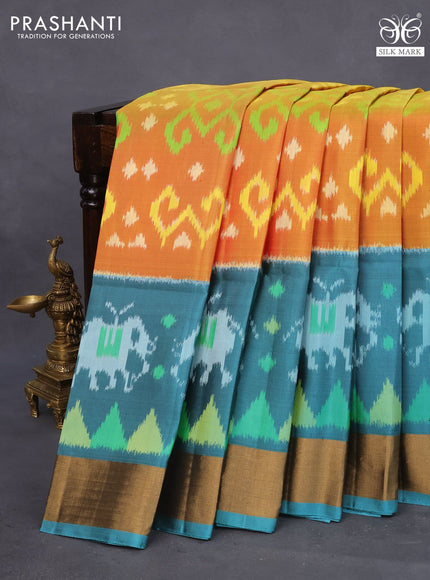 Ikat soft silk saree dual shade of mustard yellow and teal blue with allover ikat weaves and long ikat woven zari border