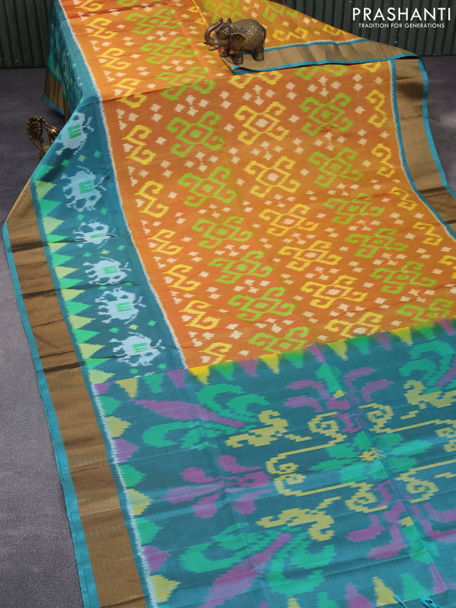 Ikat soft silk saree dual shade of mustard yellow and teal blue with allover ikat weaves and long ikat woven zari border