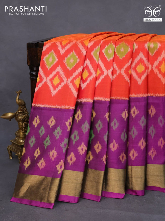 Ikat soft silk saree reddish orange and purple with allover ikat weaves and long ikat woven zari border