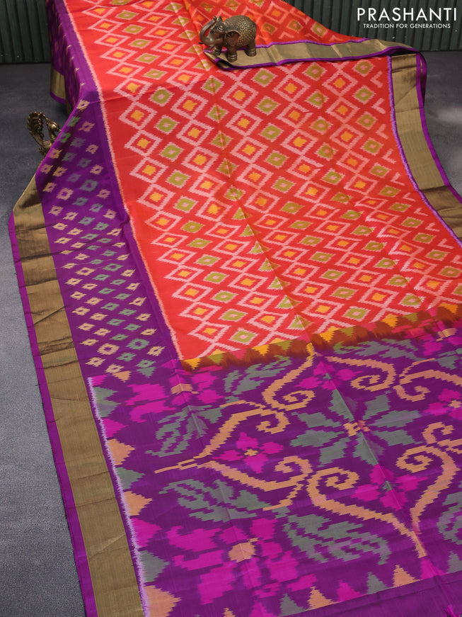 Ikat soft silk saree reddish orange and purple with allover ikat weaves and long ikat woven zari border