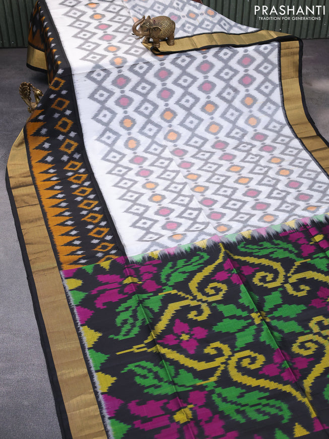 Ikat soft silk saree off white grey and black with allover ikat weaves and long ikat woven zari border