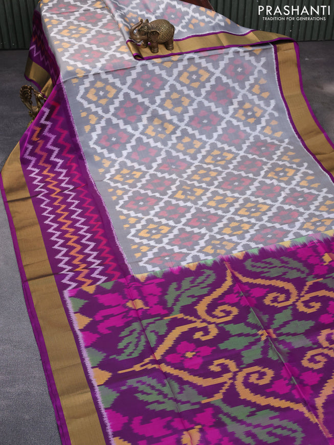 Ikat soft silk saree off white grey and purple with allover ikat weaves and long ikat woven zari border