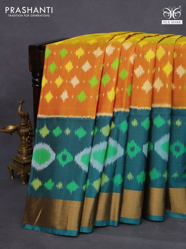 Ikat soft silk saree dual shade of mustard yellow and teal green with allover ikat weaves and long ikat woven zari border