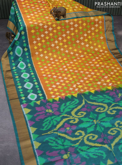 Ikat soft silk saree dual shade of mustard yellow and teal green with allover ikat weaves and long ikat woven zari border