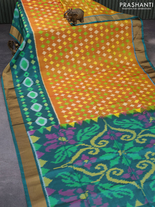 Ikat soft silk saree dual shade of mustard yellow and teal green with allover ikat weaves and long ikat woven zari border