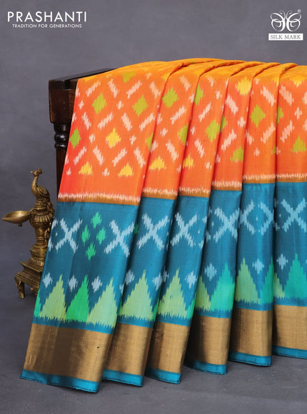 Ikat soft silk saree dual shade of orange and teal green shade with allover ikat weaves and long ikat woven zari border