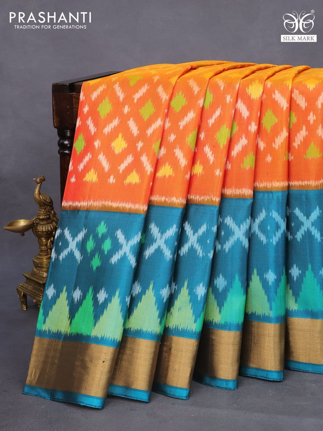 Ikat soft silk saree dual shade of orange and teal green shade with allover ikat weaves and long ikat woven zari border