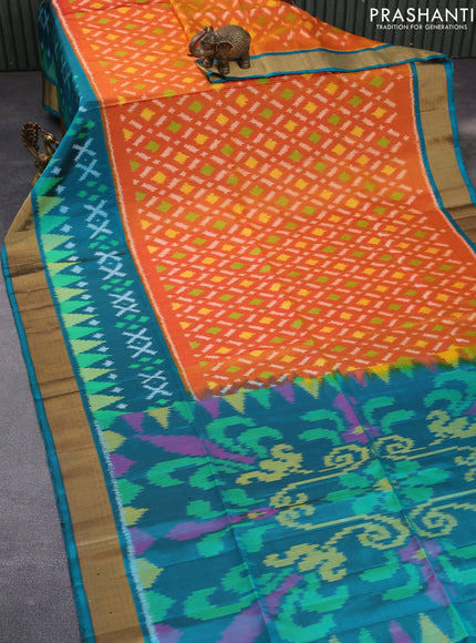 Ikat soft silk saree dual shade of orange and teal green shade with allover ikat weaves and long ikat woven zari border