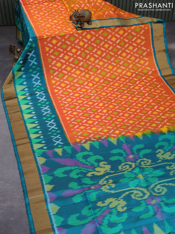 Ikat soft silk saree dual shade of orange and teal green shade with allover ikat weaves and long ikat woven zari border