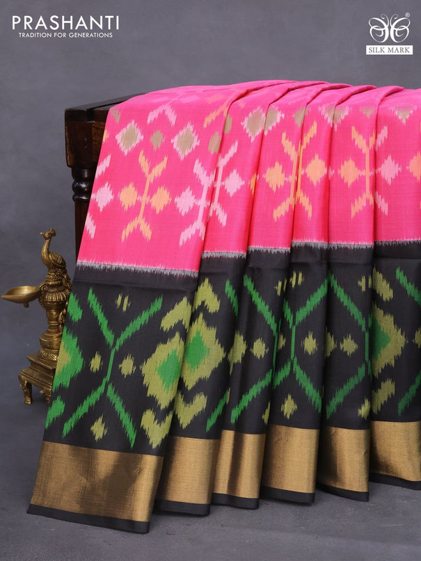 Ikat soft silk saree candy pink and black with allover ikat weaves and long ikat woven zari border