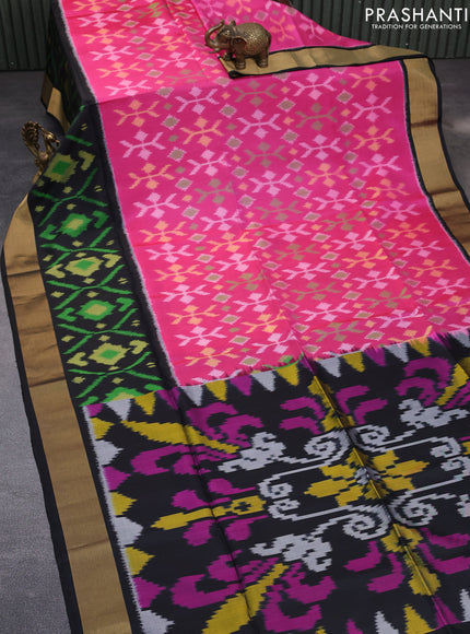 Ikat soft silk saree candy pink and black with allover ikat weaves and long ikat woven zari border