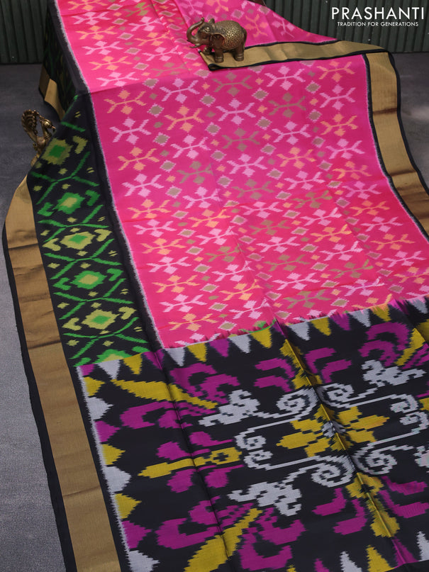 Ikat soft silk saree candy pink and black with allover ikat weaves and long ikat woven zari border