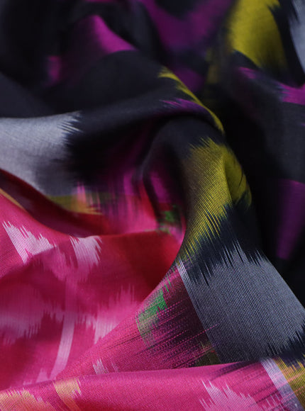 Ikat soft silk saree candy pink and black with allover ikat weaves and long ikat woven zari border