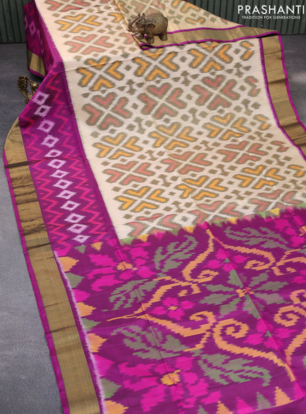 Ikat soft silk saree cream and purple with allover ikat weaves and long ikat woven zari border