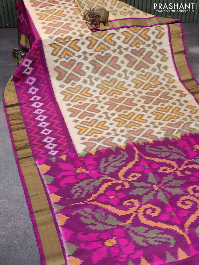 Ikat soft silk saree cream and purple with allover ikat weaves and long ikat woven zari border