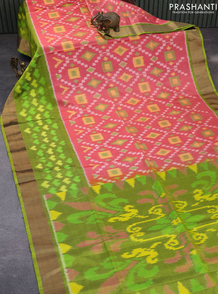 Ikat soft silk saree peach pink and light green with allover ikat weaves and long ikat woven zari border