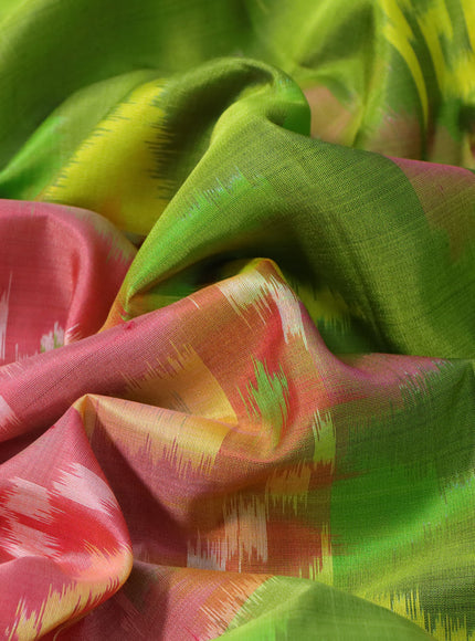 Ikat soft silk saree peach pink and light green with allover ikat weaves and long ikat woven zari border