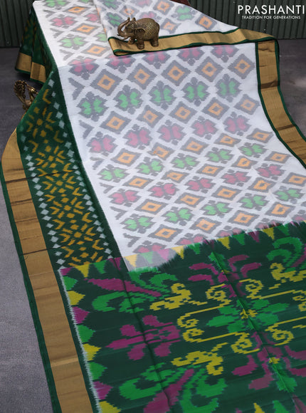 Ikat soft silk saree off white grey and dark green with allover ikat weaves and long ikat woven zari border