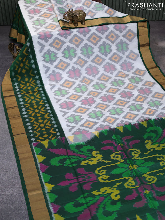 Ikat soft silk saree off white grey and dark green with allover ikat weaves and long ikat woven zari border