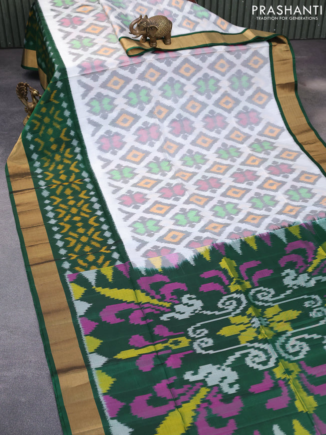 Ikat soft silk saree off white grey and bottle green with allover ikat weaves and long ikat woven zari border