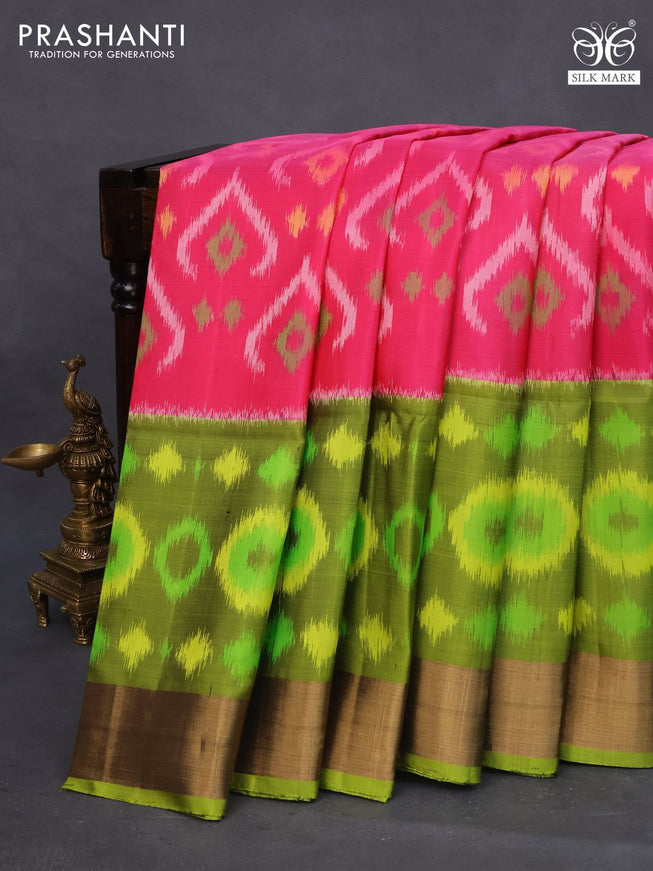 Ikat soft silk saree pink and lime green with allover ikat weaves and zari woven border