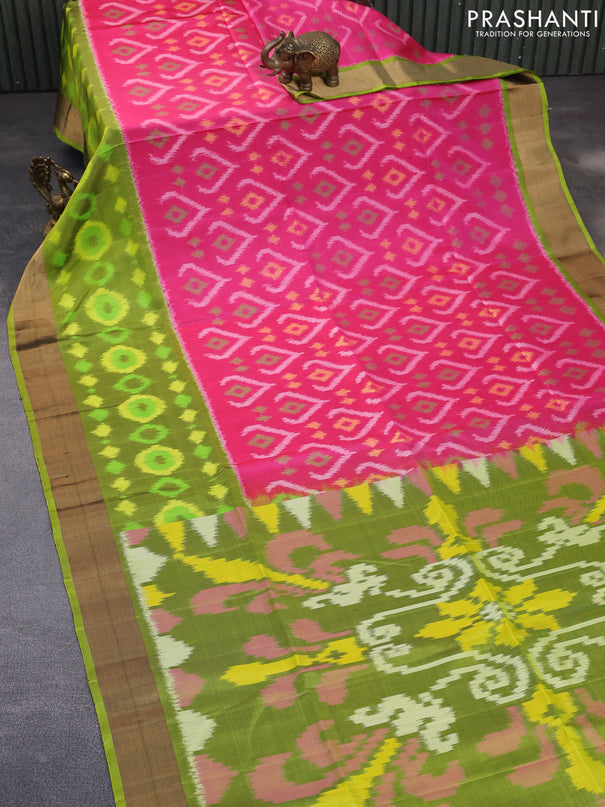 Ikat soft silk saree pink and lime green with allover ikat weaves and zari woven border