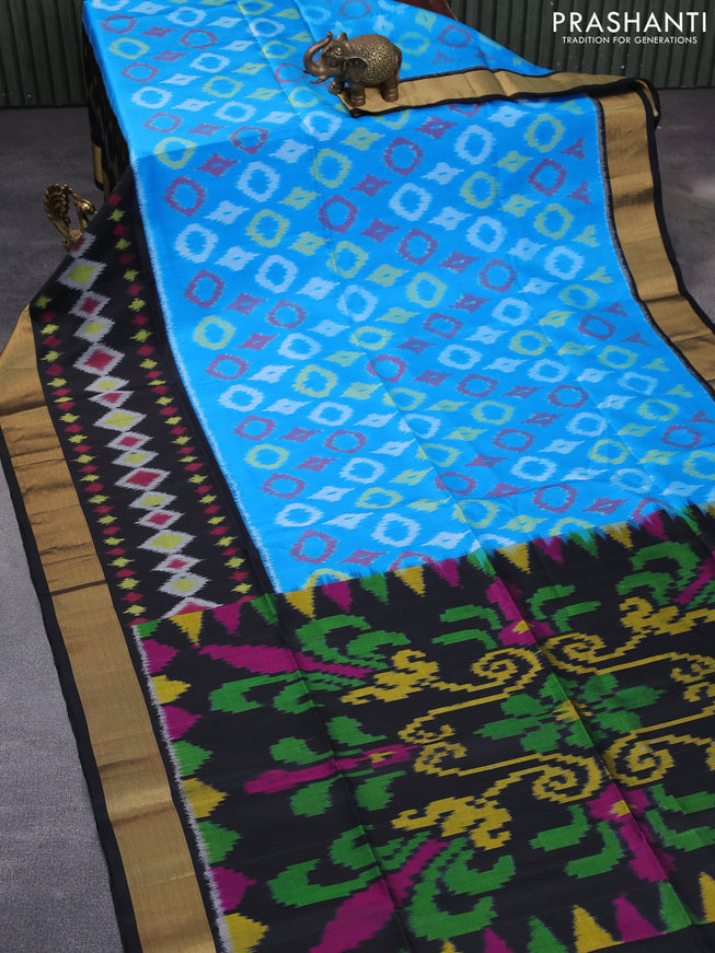 Ikat soft silk saree cs blue and black with allover ikat weaves and zari woven border