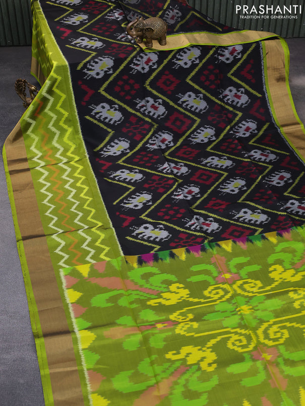 Ikat soft silk saree black and lime green with allover ikat weaves and zari woven border