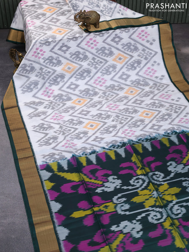 Ikat soft silk saree off white and green with allover ikat weaves and zari woven border