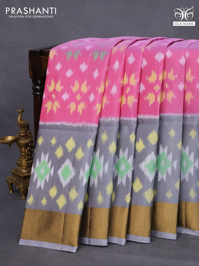 Ikat soft silk saree pink shade and grey with allover ikat weaves and zari woven border