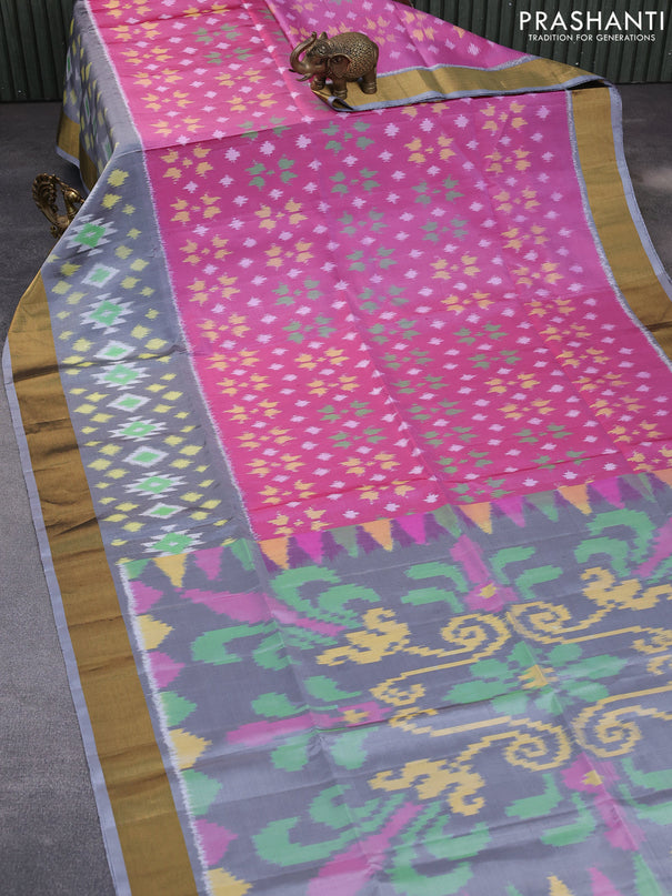 Ikat soft silk saree pink shade and grey with allover ikat weaves and zari woven border