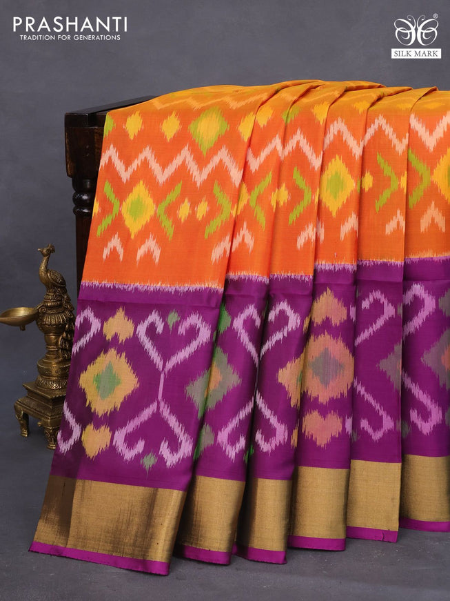 Ikat soft silk saree orange and purple with allover ikat weaves and zari woven border