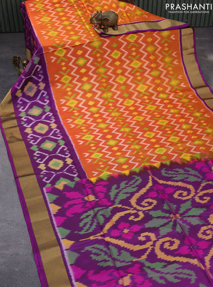 Ikat soft silk saree orange and purple with allover ikat weaves and zari woven border