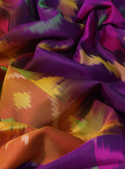 Ikat soft silk saree orange and purple with allover ikat weaves and zari woven border