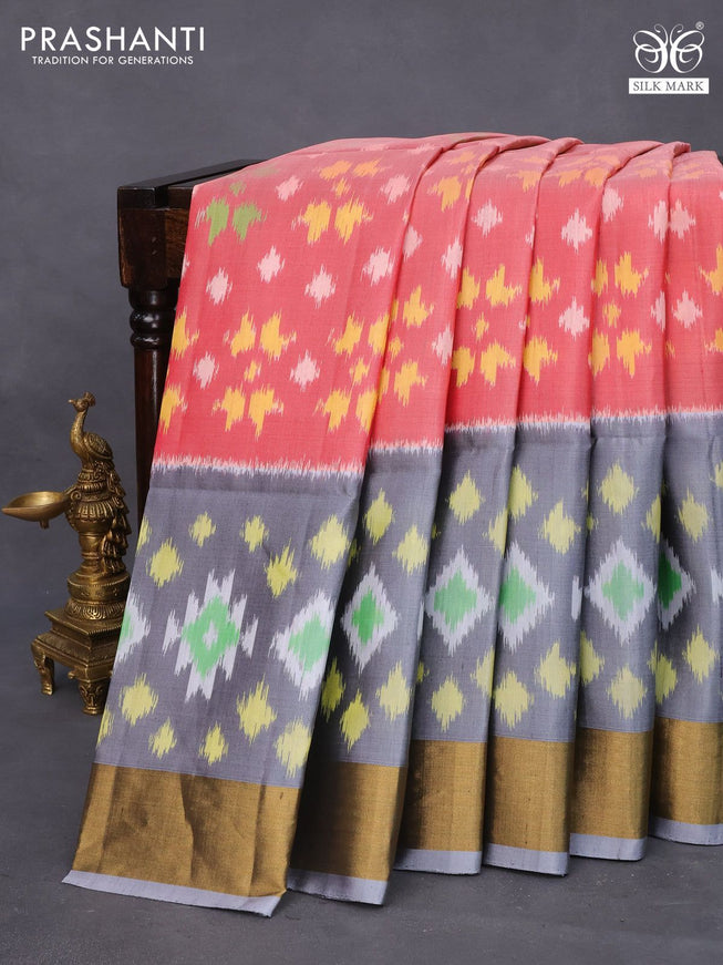 Ikat soft silk saree red shade and grey with allover ikat weaves and zari woven border