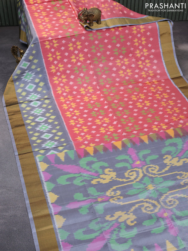 Ikat soft silk saree red shade and grey with allover ikat weaves and zari woven border