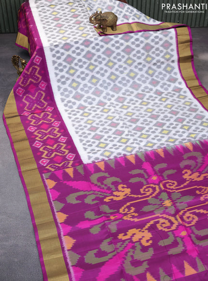 Ikat soft silk saree off white and purple with allover ikat weaves and zari woven border