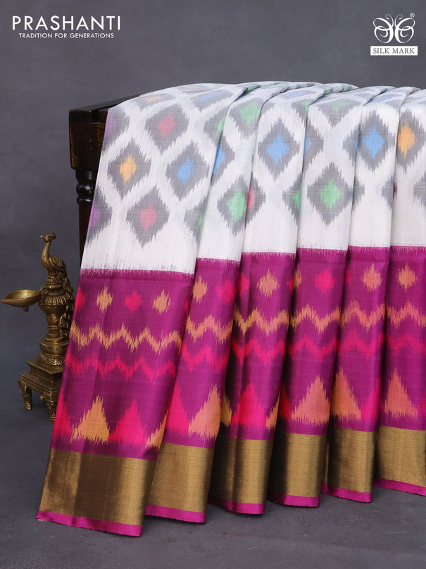 Ikat soft silk saree off white and purple with allover ikat weaves and zari woven border