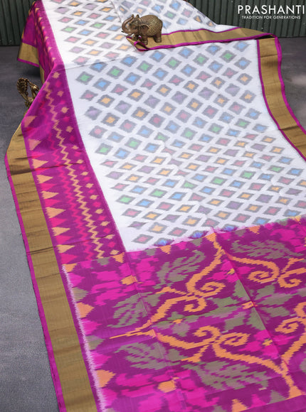 Ikat soft silk saree off white and purple with allover ikat weaves and zari woven border