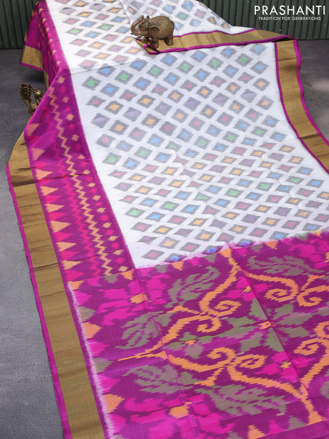 Ikat soft silk saree off white and purple with allover ikat weaves and zari woven border