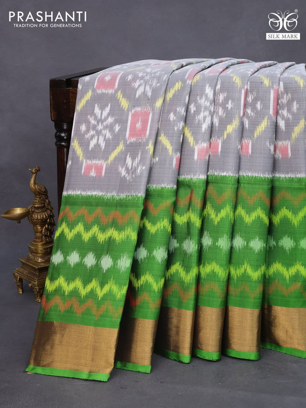 Ikat soft silk saree grey and green with allover ikat weaves and zari woven border